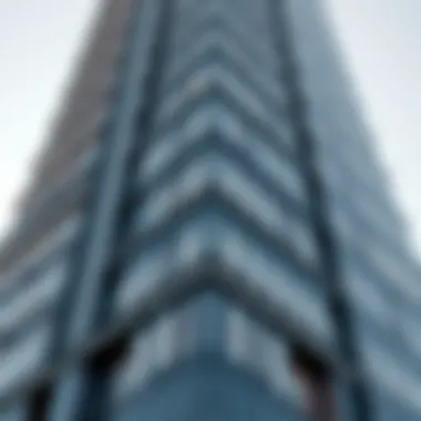 Architectural Details of the Prism Tower Facade Close-up of Prism Tower's facade highlighting architectural details
