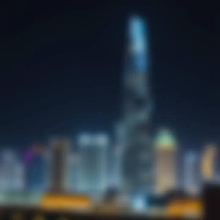 Illuminated Prism Tower Against the Dubai Night Sky Night view of Prism Tower illuminated against Dubai skyline
