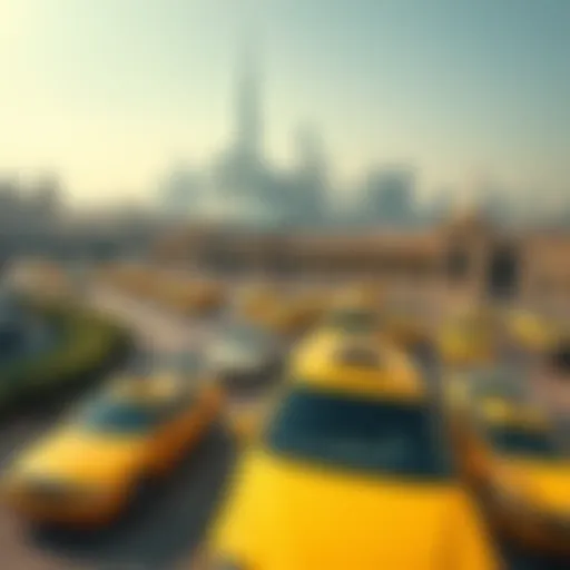 Aerial view of Dubai's skyline with taxis on the road