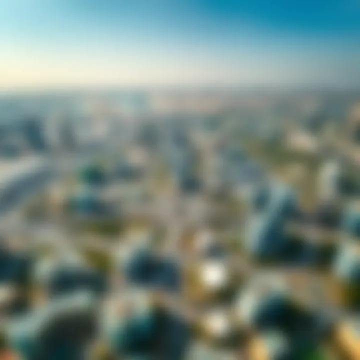 Aerial View of International City Aerial view of International City in Dubai showcasing its unique architectural layout