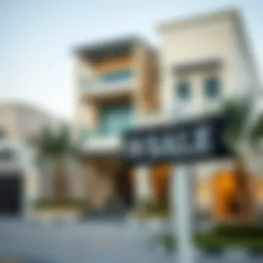 Close-up of a 'For Sale' sign in front of a luxurious property