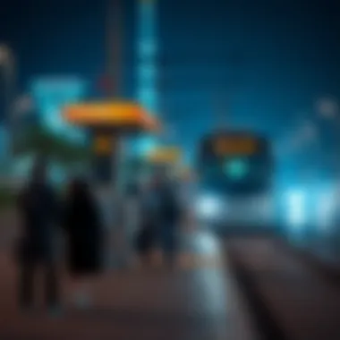 Commuters at a Dubai Tram Stop Passengers waiting at a tram stop in Dubai