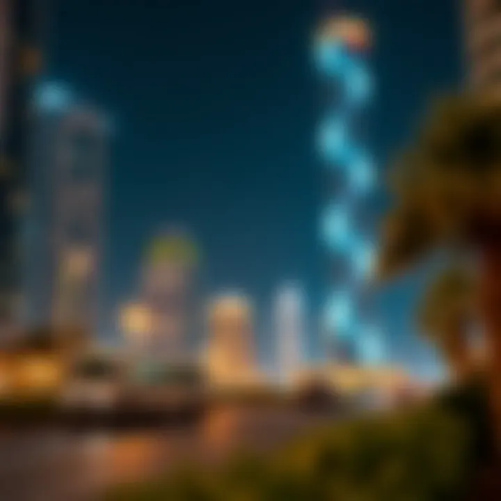 Night view of Vision Tower illuminated in Dubai