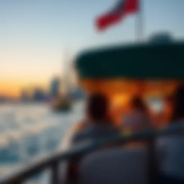 Passengers enjoying a scenic ride on a water taxi during sunset