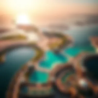 Aerial Perspective of Yas Island Aerial view of Yas Island showcasing its diverse attractions